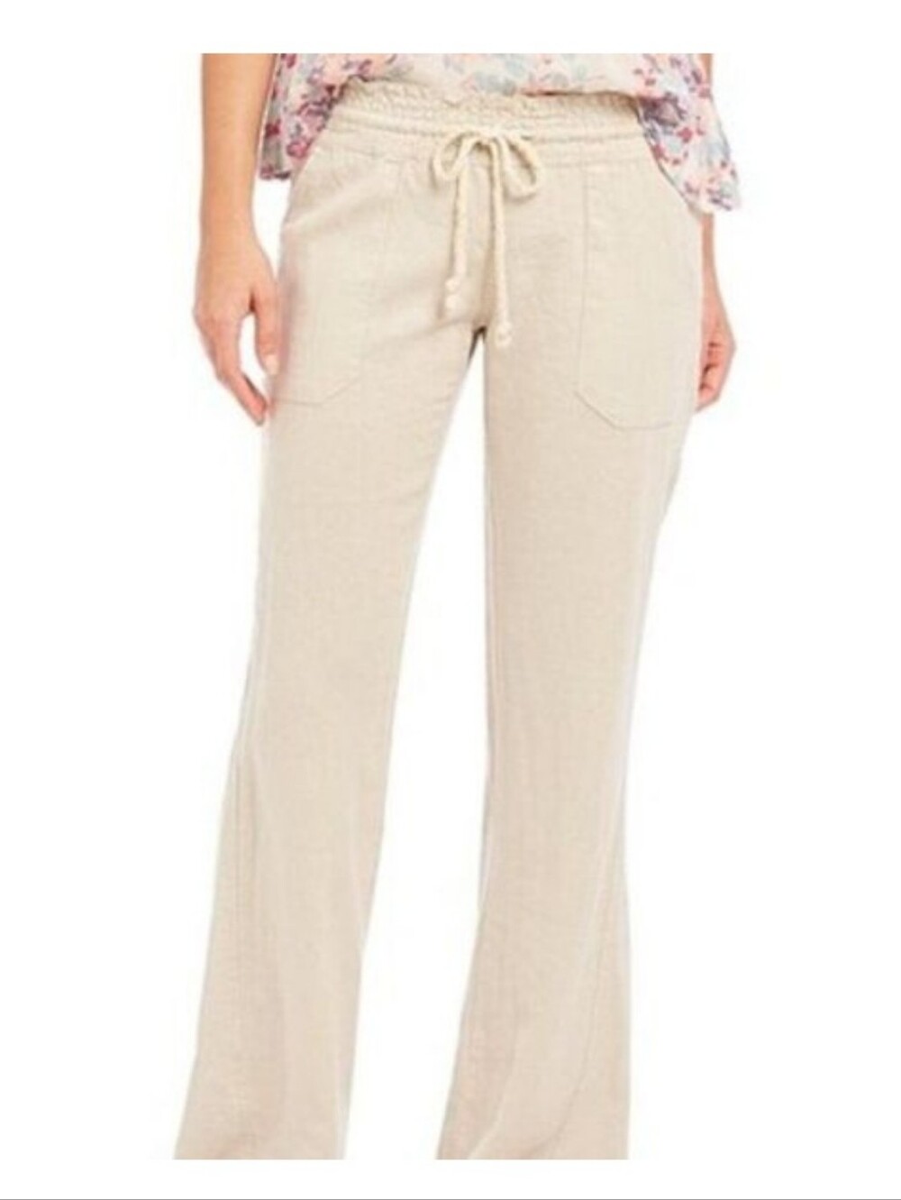 Roxy Beige Flax Linen Pants Lightweight Coastal Neutral Pockets